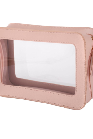 Waterproof Travel Cosmetic Organizer – Large Capacity Toiletry Bag with Transparent Compartments, Hanging Hook & Lightweight Design for Makeup, Skincare, and Essentials (Pink)