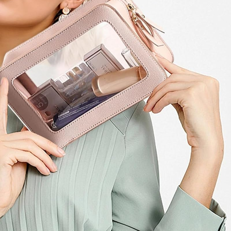 Waterproof Travel Cosmetic Organizer – Large Capacity Toiletry Bag with Transparent Compartments, Hanging Hook & Lightweight Design for Makeup, Skincare, and Essentials (Pink) - Image 2