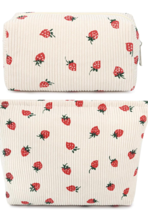 2 Pieces Makeup Bag Large Checkered Cosmetic Bag Capacity Canvas Mix Travel Toiletry Bag Organizer Cute Makeup Brushes Aesthetic Accessories Storage Bag for Women, Strawberry Beige, Strawberry